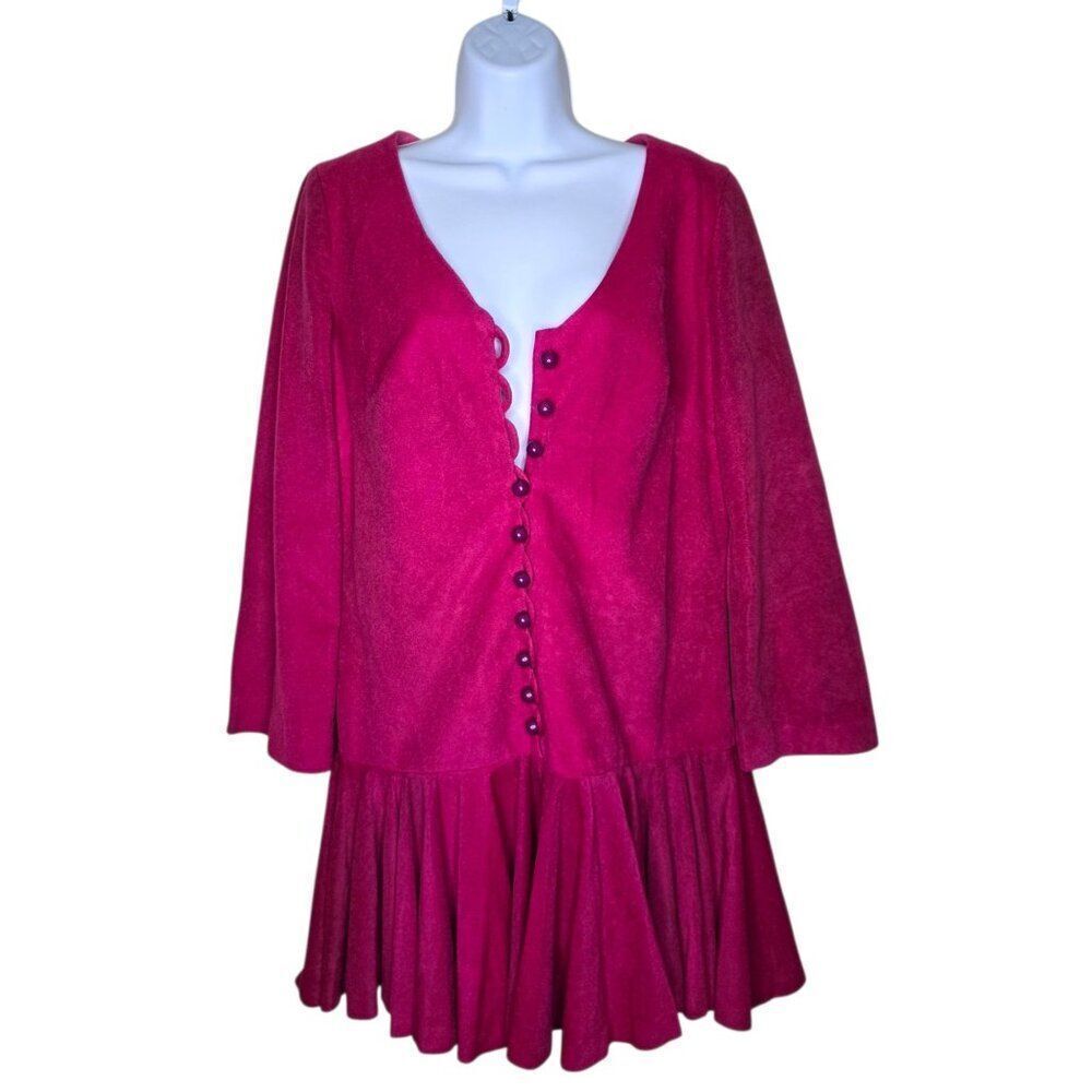 Vintage 80s Long Sleeve Drop Waist Skirted Jumper Romper Shorts Womens XL Pink